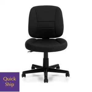 Granada 3 upholstered desk chair in black fabric, featuring a padded seat and backrest, mounted on a wheeled base, with "Quick Ship" label in the corner.