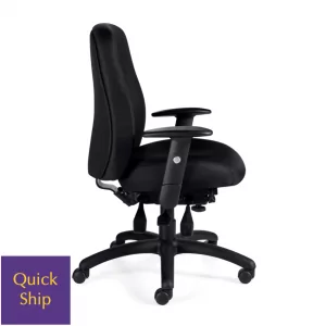 Upholstered black desk chair with adjustable features and rolling base, labeled "Quick Ship," showcasing ergonomic design for office use.