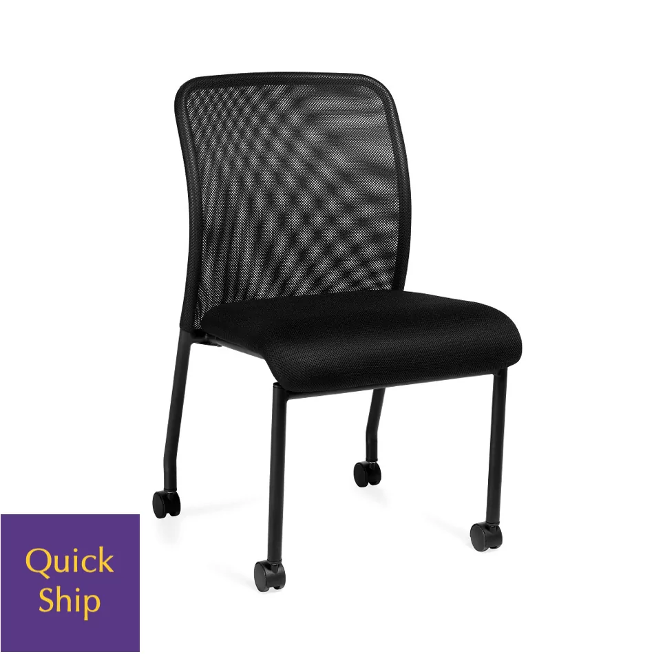 Black mesh meeting and guest chair with wheels and "Quick Ship" label, designed for office environments.