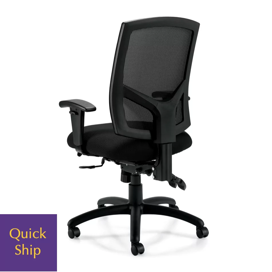 OTG 11769 Desk Chair 3 featuring a black mesh back, adjustable armrests, and a five-star base with wheels, labeled "Quick Ship."