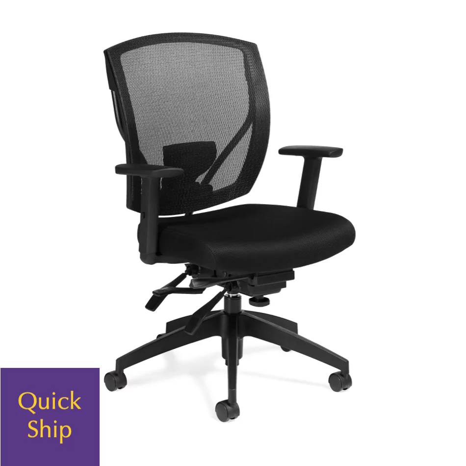 OTG 2803 Desk Chair 2 featuring a black mesh backrest and seat, adjustable armrests, and a five-star base with wheels, labeled "Quick Ship" for fast delivery.