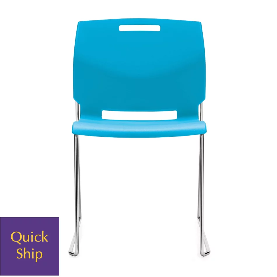 Blue Popcorn Stack Chair with chrome legs and a "Quick Ship" label, designed for stacking and nesting.