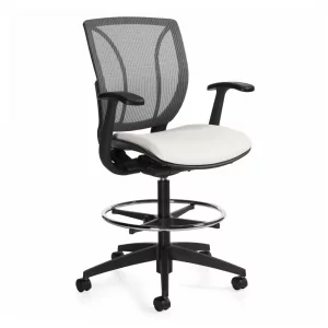 Mesh office stool with adjustable height and white seat, designed for comfort and functionality in workspace environments.