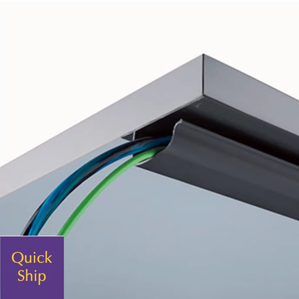 Cable management system with blue and green wires, featuring a sleek silver edge, labeled "Quick Ship."