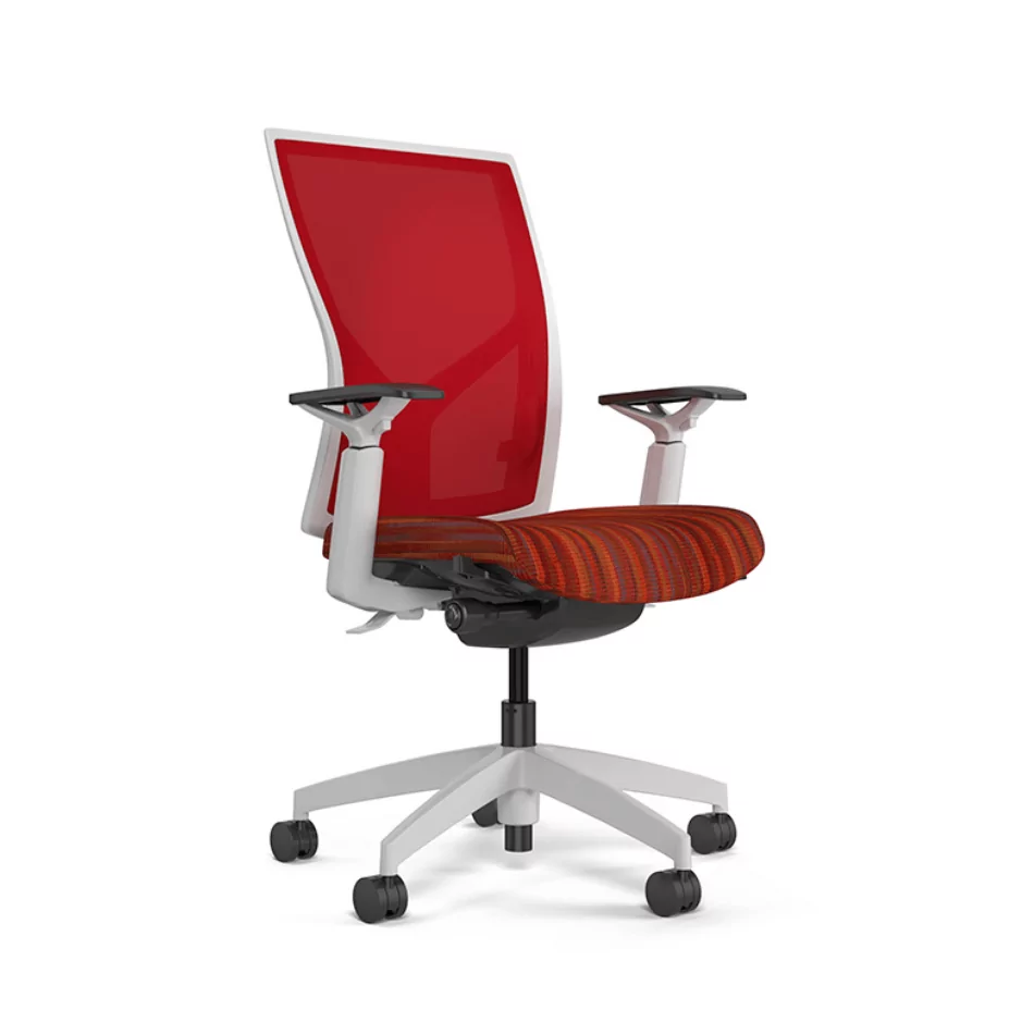 Torsa Desk Chair 2 featuring a vibrant red mesh back, striped orange and red seat cushion, adjustable armrests, and a white base with rolling casters, ideal for office furniture solutions by Furniture Soup.