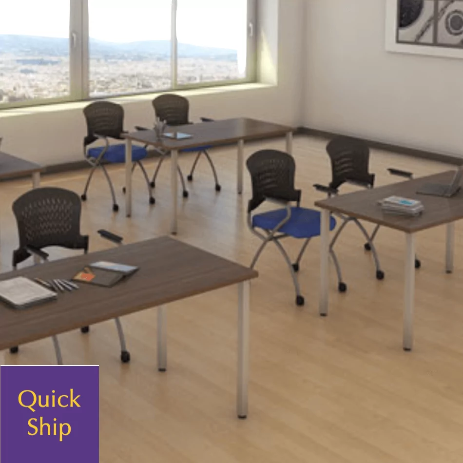 Training table with post legs in a classroom setting, featuring multiple tables and chairs, emphasizing educational furniture for tutoring services.