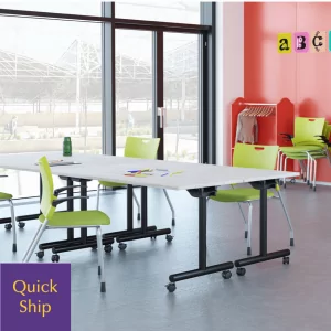 Training Tables Flip and Nest 5 in modern office setting with green chairs, featuring a "Quick Ship" label for fast delivery.