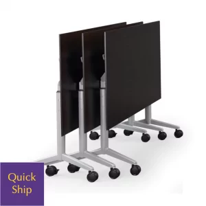 Flip and nest training tables on wheels, featuring a sleek black surface and silver frame, labeled "Quick Ship" for fast delivery, suitable for educational and commercial settings.