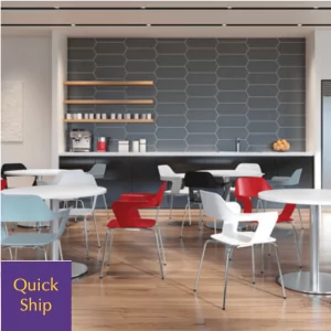 Cafe and lunchroom setting featuring Zella Collection chairs in various colors around tables, with a modern backdrop and a "Quick Ship" promotional label.