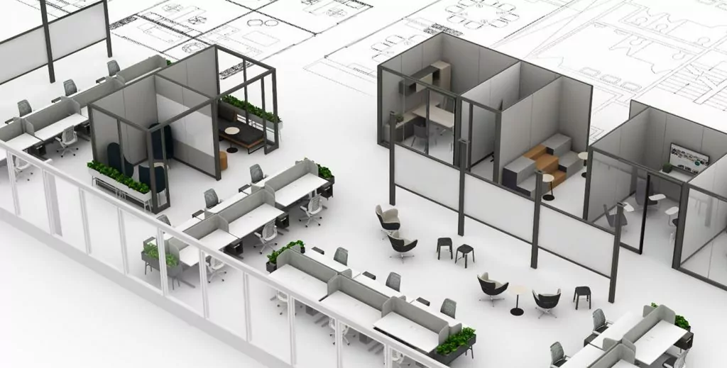 Office layout design featuring workstations, meeting rooms, and collaborative spaces with plants, showcasing efficient space utilization and modern design elements.