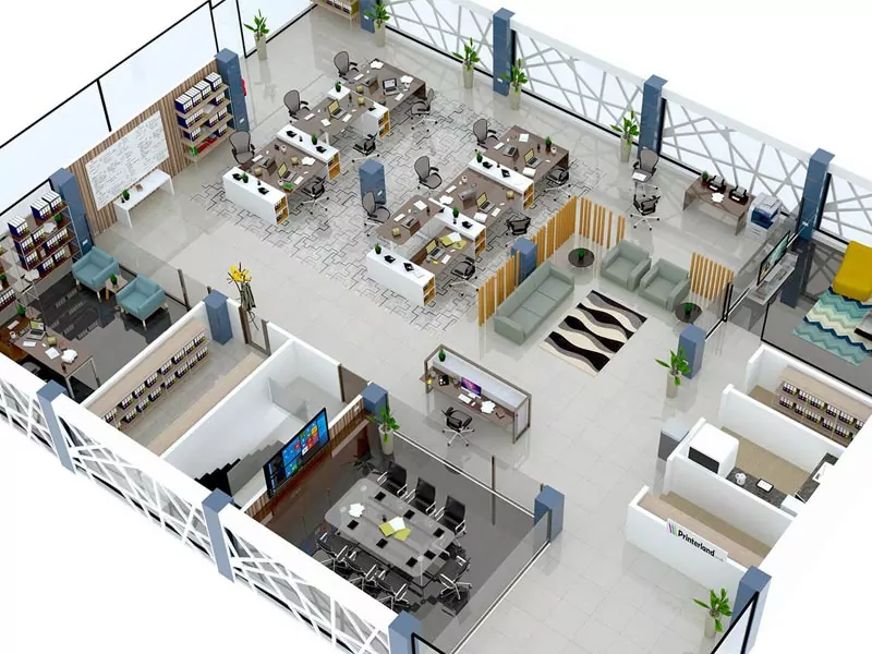 Open office layout featuring ergonomic workstations, collaborative spaces, and breakout areas designed for employee productivity and comfort.