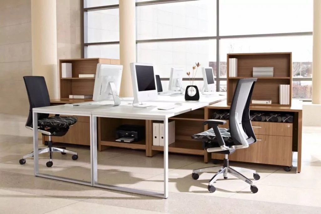 Modern office workspace with two desks, ergonomic chairs, and multiple computer monitors, featuring natural light from large windows and wooden shelving units.