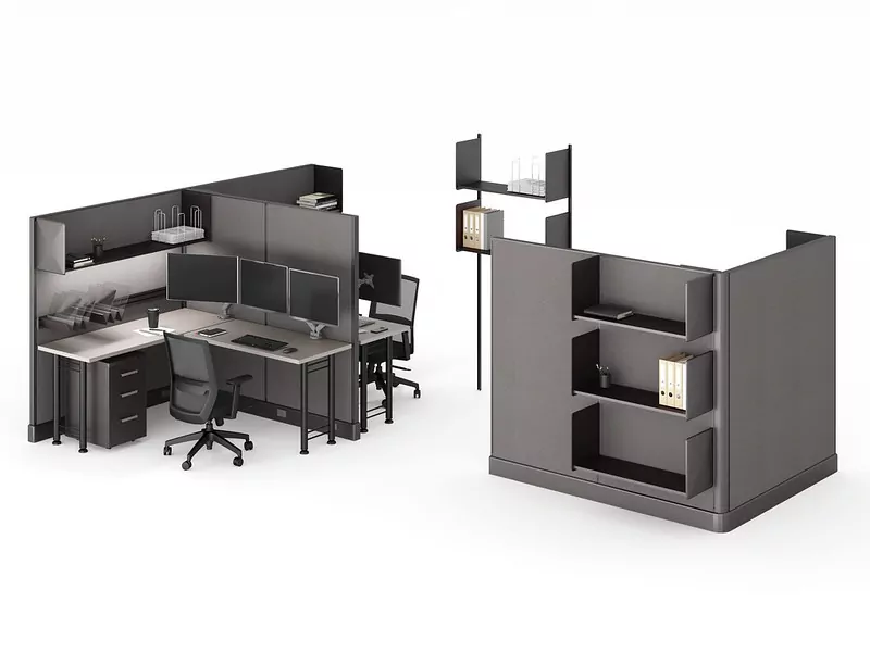 New Cubicle Friant System II 6 featuring modern workstations with dual monitors, ergonomic chair, and shelving units for office organization.