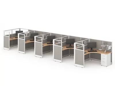 New Friant Novo 8 cubicle setup with multiple workstations featuring desks, monitors, and ergonomic designs, ideal for office environments.