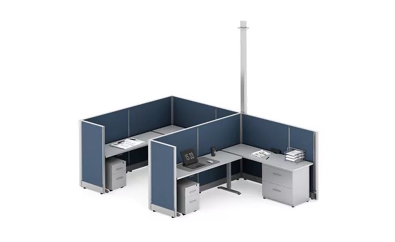New Cubicle Friant Novo 10 with gray partitions, two workstations, desks, and storage drawers, designed for office environments.