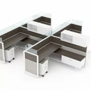 New Cubicle Global Evolve 11 design featuring modern, modular office cubicles with glass partitions and integrated storage units.