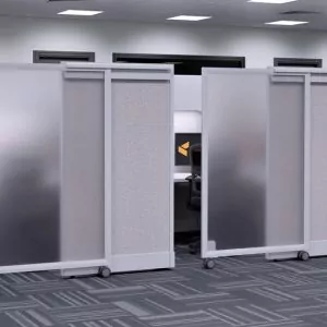 Sliding cubicle door with a frosted design, showcasing office workspace behind, relevant to Furniture Soup's Slide Door 4 product.