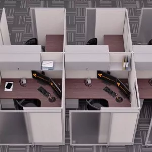 Cubicle workspace layout featuring multiple sliding doors, desks with computers, and ergonomic chairs, designed for office environments.