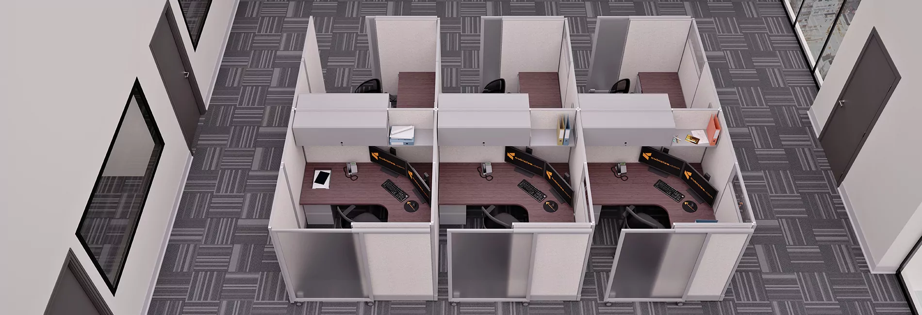 Cubicle layout featuring Slide Door 4 sliding doors, modern office desks, ergonomic chairs, and computer monitors in a workspace setting.