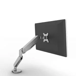 Monitor Arm 5 with adjustable silver arm and black monitor mount, designed for ergonomic office setups and enhancing workspace efficiency.
