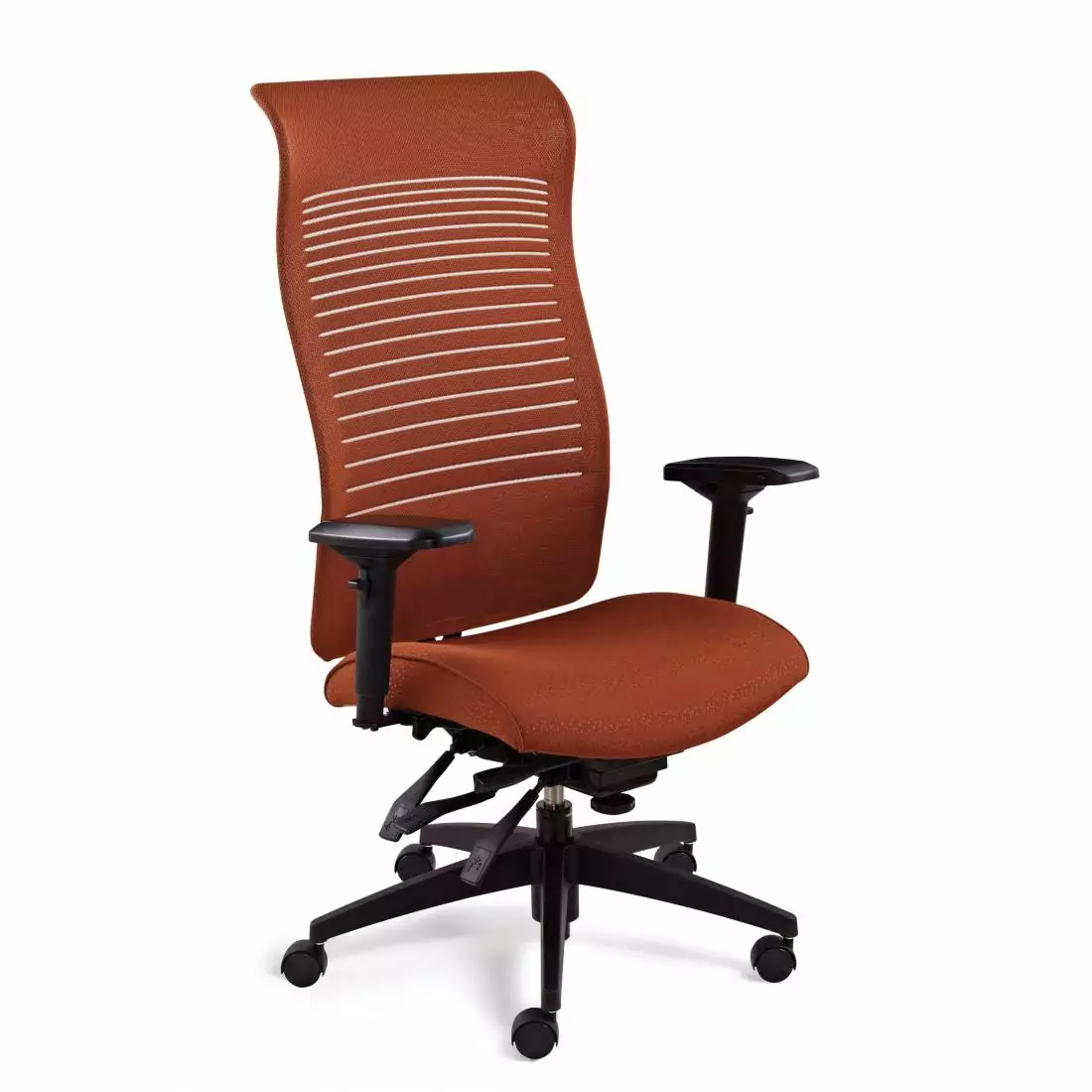 Loover 4 ergonomic office chair in orange fabric with adjustable armrests and high back support, featured on Furniture Soup for purchase.
