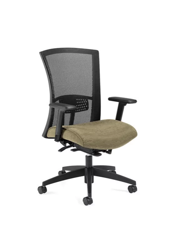 Office chair with a mesh back and olive green cushioned seat, designed for ergonomic comfort and support, featured on Furniture Soup's Vion series page.