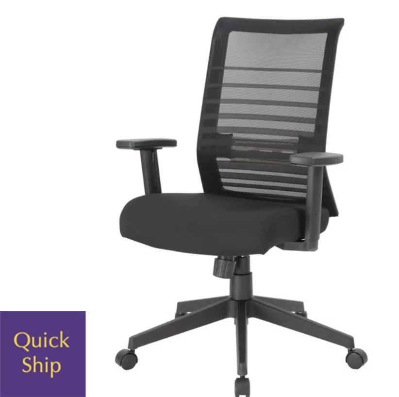 Black ergonomic office chair with mesh back and padded seat, featuring "Quick Ship" label, designed for comfort and functionality in workspace settings.